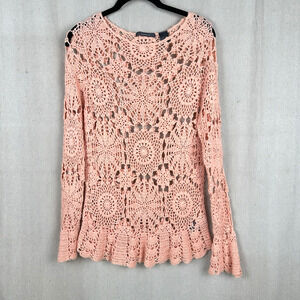 LIZ CLAIBORNE | Women Medium Petite Crochet Blouse Sheer Top Pink